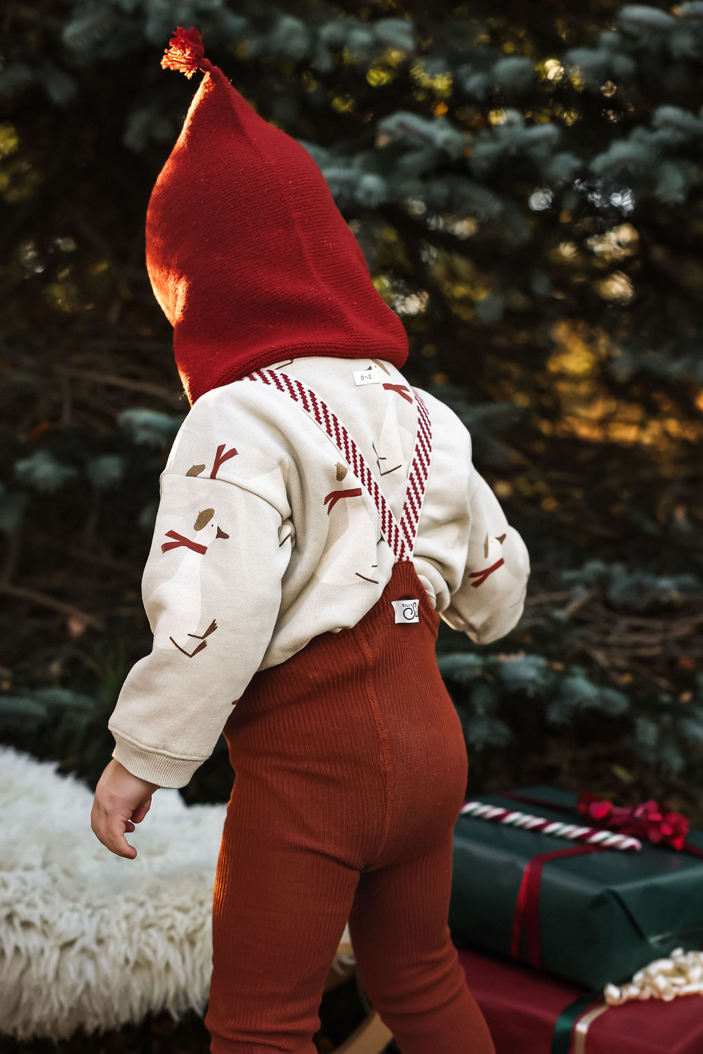 Retro Ribbed Footless Tights With Braces - Cinnamon Christmas Patterned - organic zoo collaboration [SILLY Silas]