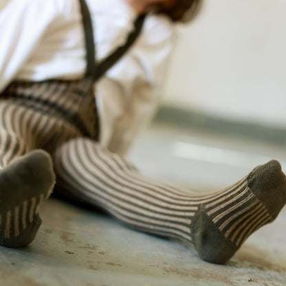 Retro Ribbed Footed Tights - Seaweed Brown × Peanut Striped [SILLY Silas]