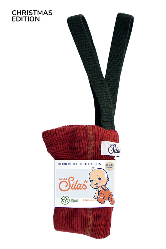 Retro Ribbed Footed Tights - Maple Leaf×Dark Forest Green [SILLY Silas × organic zoo]