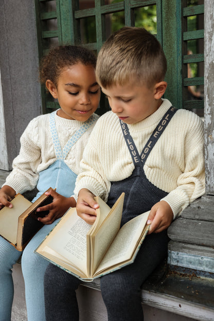 Retro Ribbed Footless Tights With Braces - Misty Blue Patterned [SILLY Silas](The Stories We Knit Collection)