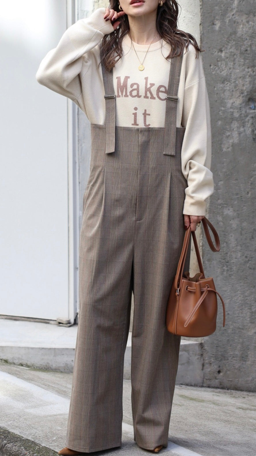 Check High-waist Salopette - Beige