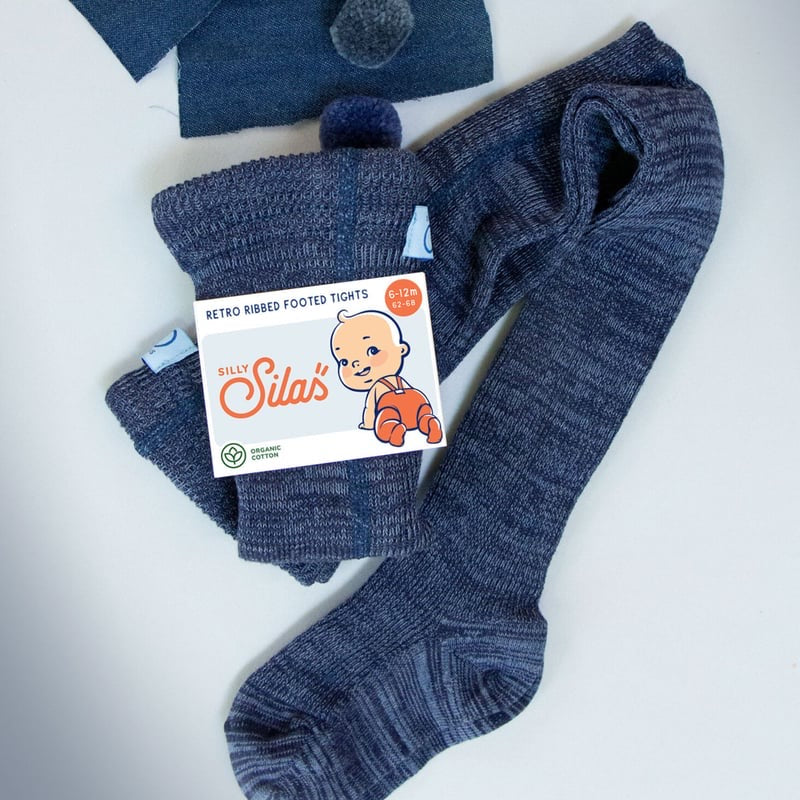 Retro Ribbed Footed Tights - Denim [SILLY Silas]