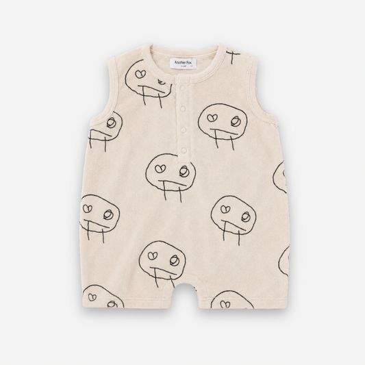 FREDS FACE TERRY TOWEL BABY NOSLEEVE ROMPER - CREAM/BLACK [Another Fox]