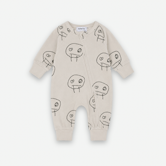 FREDS FACE TERRY TOWEL BABY ZIP SLEEPSUIT - CREAM/BLACK [Another Fox]