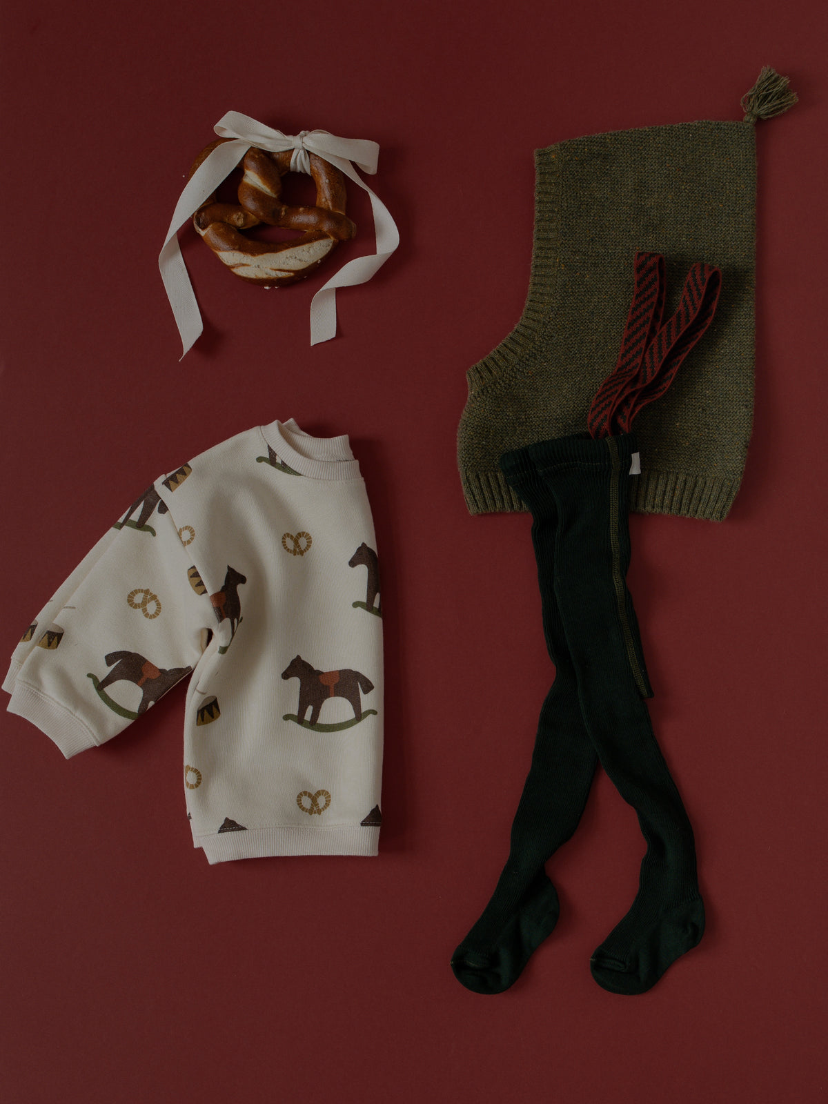 Retro Ribbed Footed tights Tights With Braces - DF Green Christmas Patterned - organic zoo collaboration [SILLY Silas]