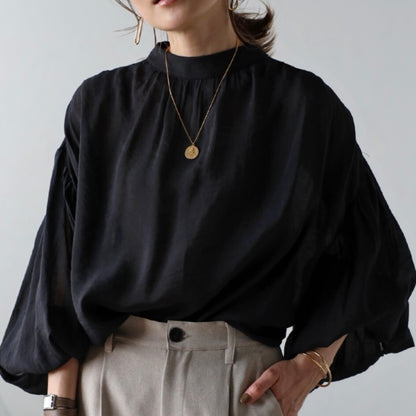 volume gather sheer blouse / black
