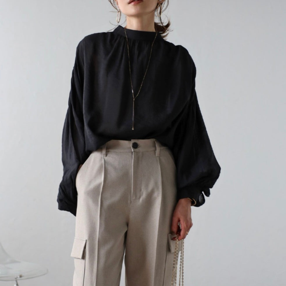 volume gather sheer blouse / black