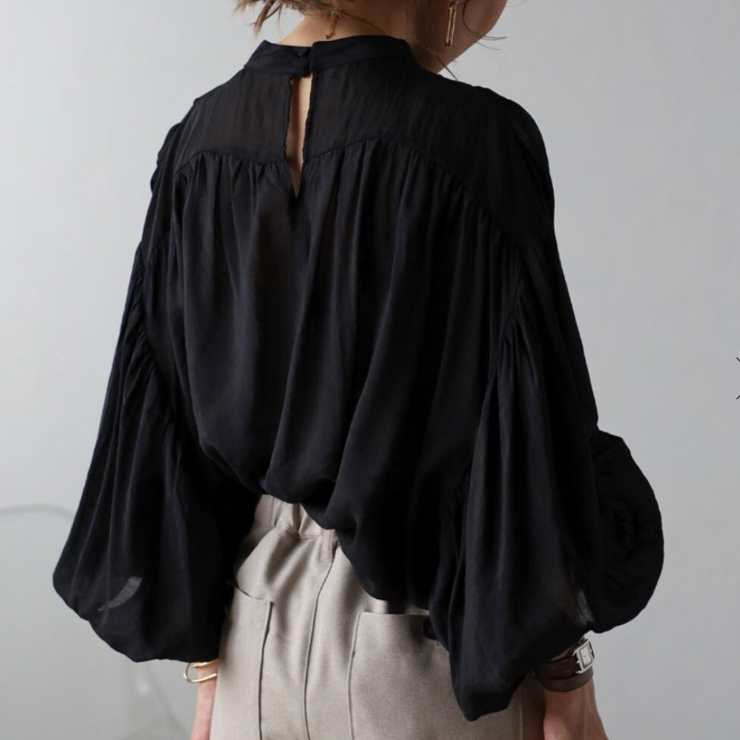 volume gather sheer blouse / black