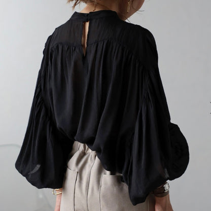 volume gather sheer blouse / black