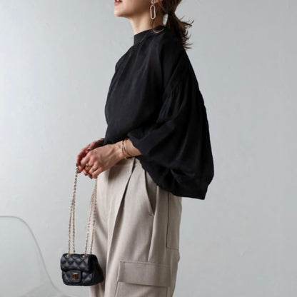 volume gather sheer blouse / black