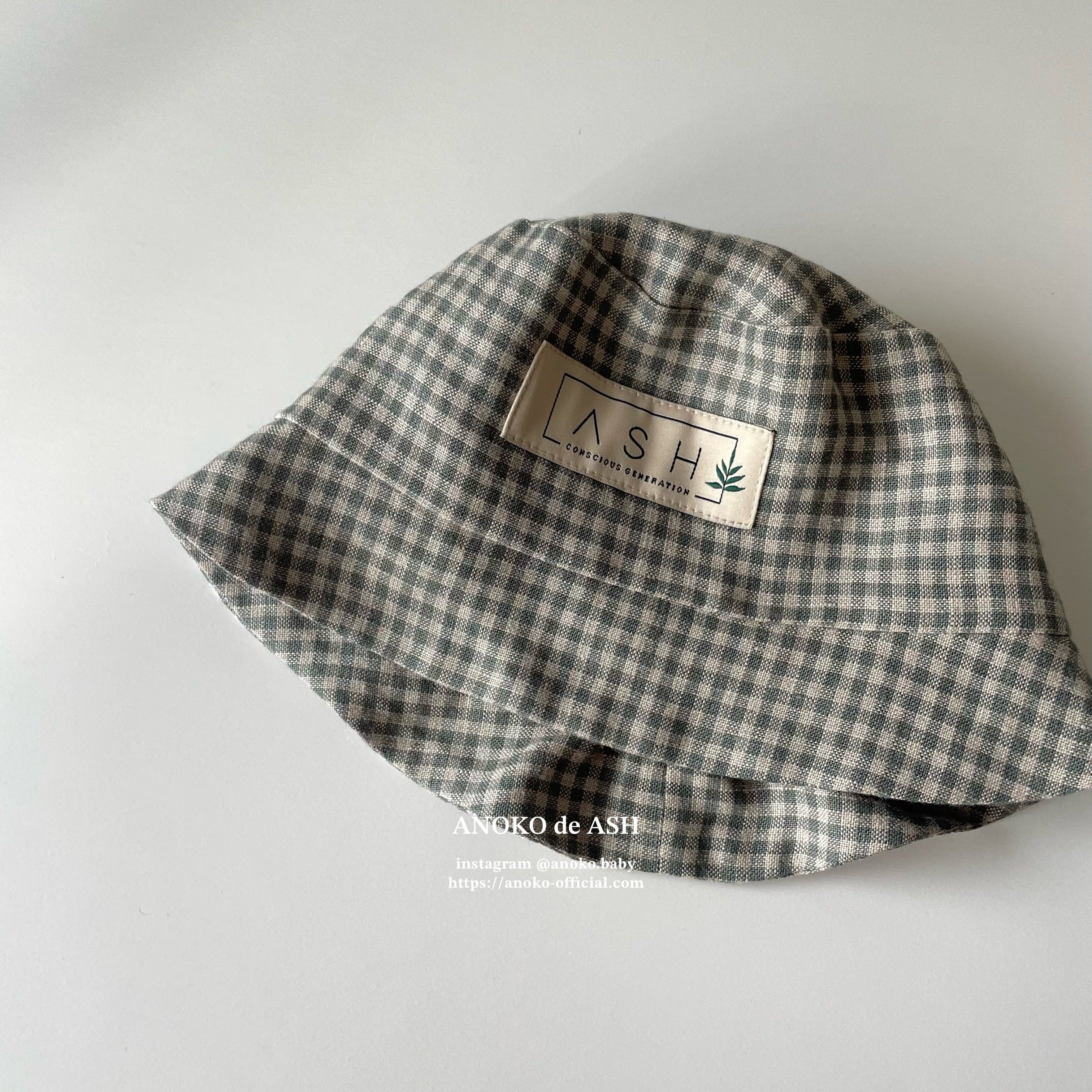 SUN HAT / basil gingham (no ear / straight) [ASH GENERATION]