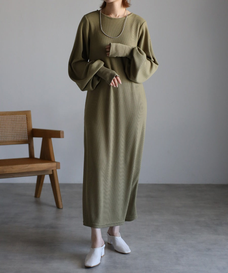 Cut Waffle Thumbhole Volume Sleeve Dress [LADIES] 1