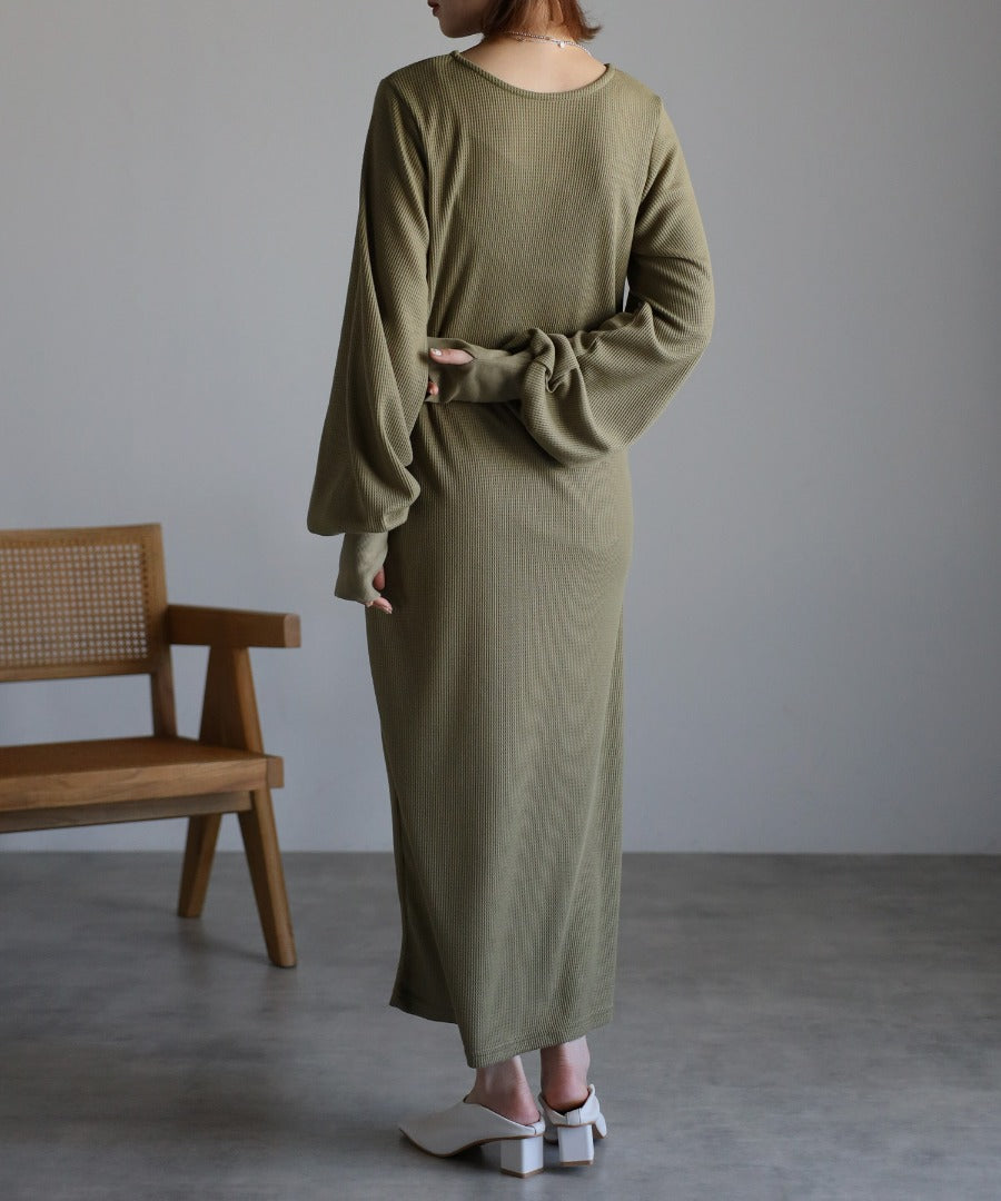 Cut Waffle Thumbhole Volume Sleeve Dress [LADIES] 14
