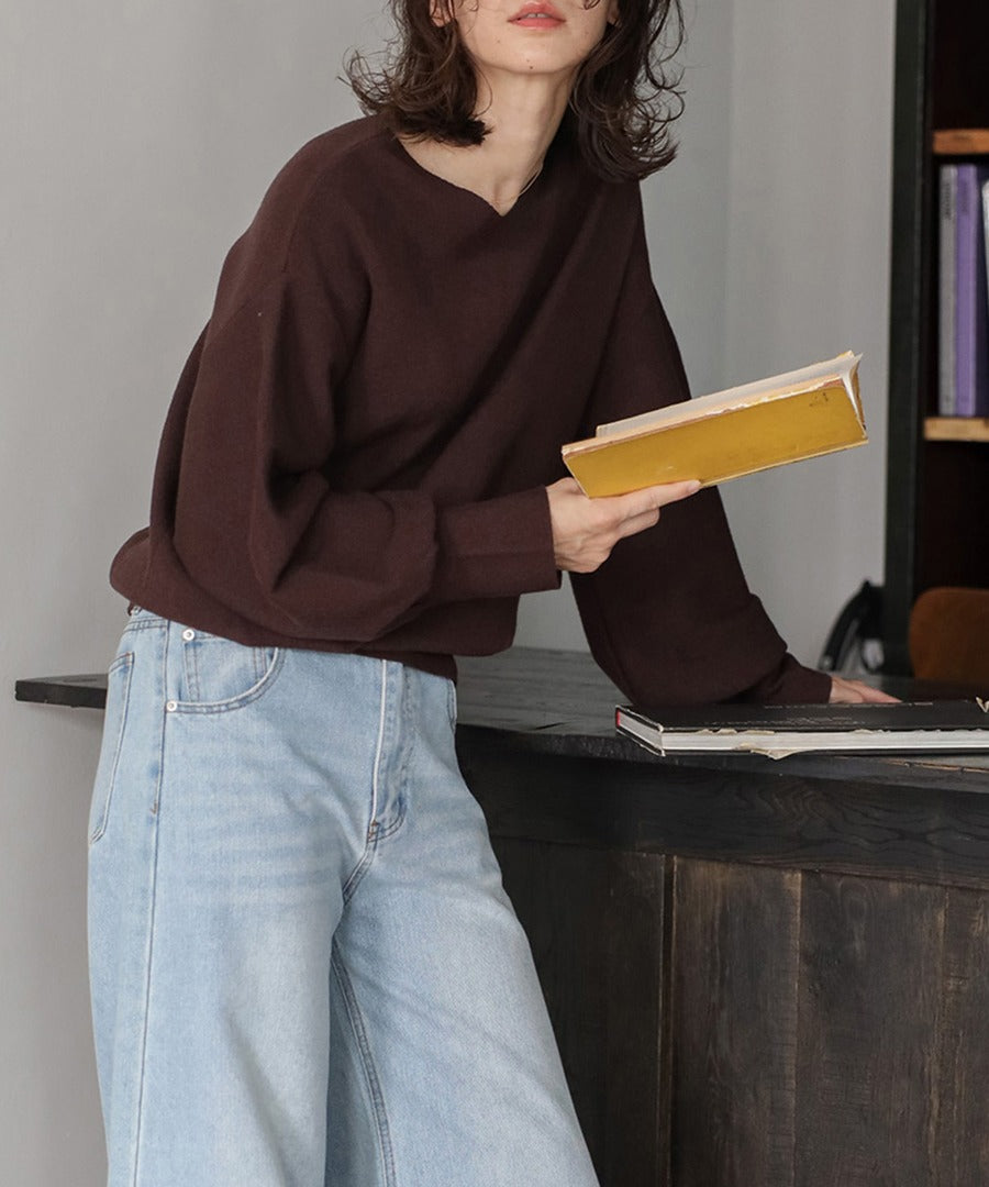 Front-Back 2Way Volume Sleeve Tucked Hem Anti-Static Knit [LADIES] 2