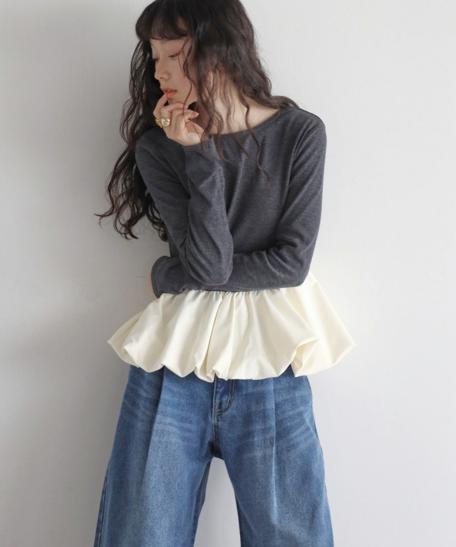 Rib Knit Balloon Mix Top [LADIES] 13