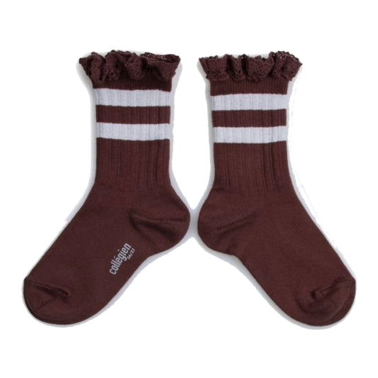 collegien / Nicole - Ribbed Varsity Crew Socks with Lace Trim (Ch?taigne)