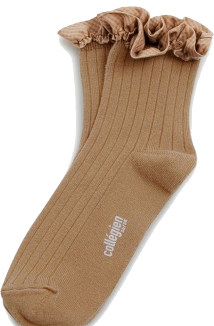 collegien / Brigitte - Gingham Ruffle Ribbed Ankle Socks (Petite Taupe)
