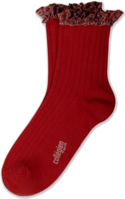 collegien / Charlotte - Liberty Ruffle Ribbed Ankle Socks  (Rouge Carmin)