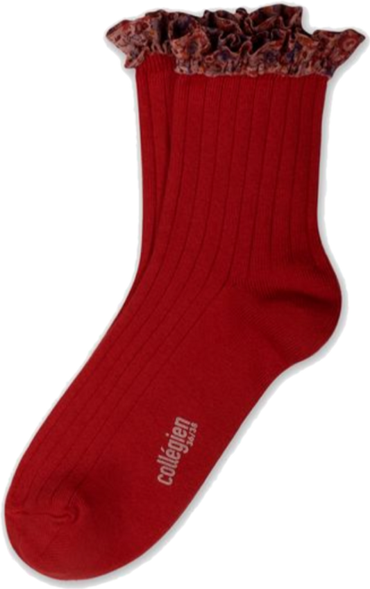 collegien / Charlotte - Liberty Ruffle Ribbed Ankle Socks  (Rouge Carmin)