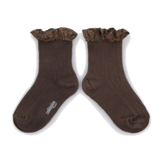 collegien / Charlotte - Liberty Ruffle Ribbed Ankle Socks  (Chocolat au Lait)