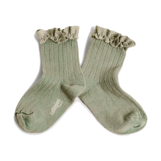 collegien / Brigitte - Gingham Ruffle Ribbed Ankle Socks (Aigue Marine)