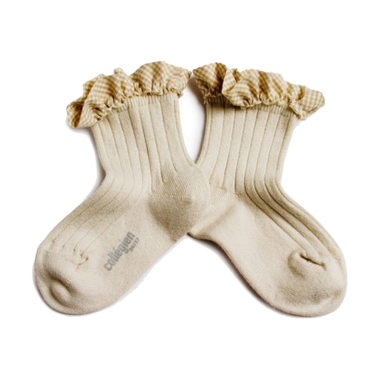 collegien / Brigitte - Gingham Ruffle Ribbed Ankle Socks (Doux Agneaux)