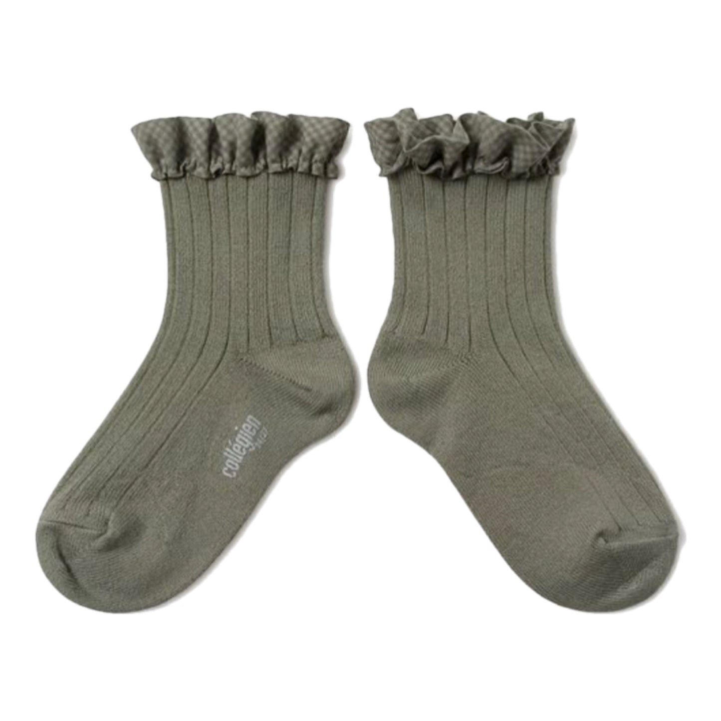 collegien / Brigitte - Gingham Ruffle Ribbed Ankle Socks (Sauge)