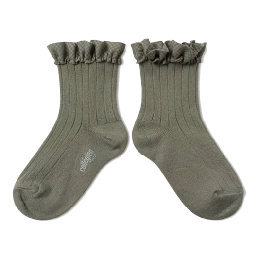 collegien / Brigitte - Gingham Ruffle Ribbed Ankle Socks (Sauge)