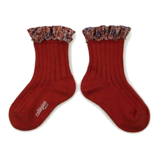 collegien / Charlotte - Liberty Ruffle Ribbed Ankle Socks  (Rouge Carmin)