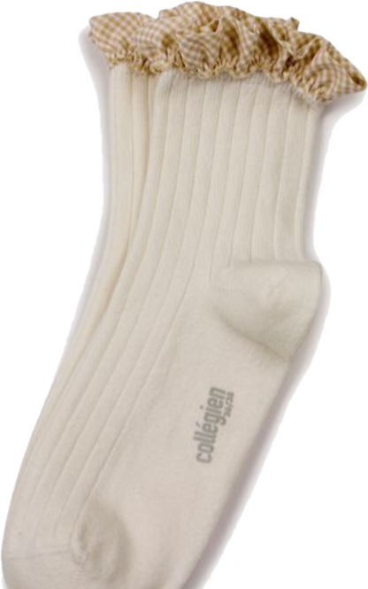 collegien / Brigitte - Gingham Ruffle Ribbed Ankle Socks (Doux Agneaux)