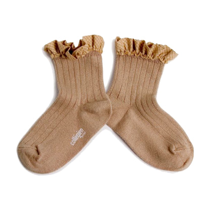 collegien / Brigitte - Gingham Ruffle Ribbed Ankle Socks (Petite Taupe)