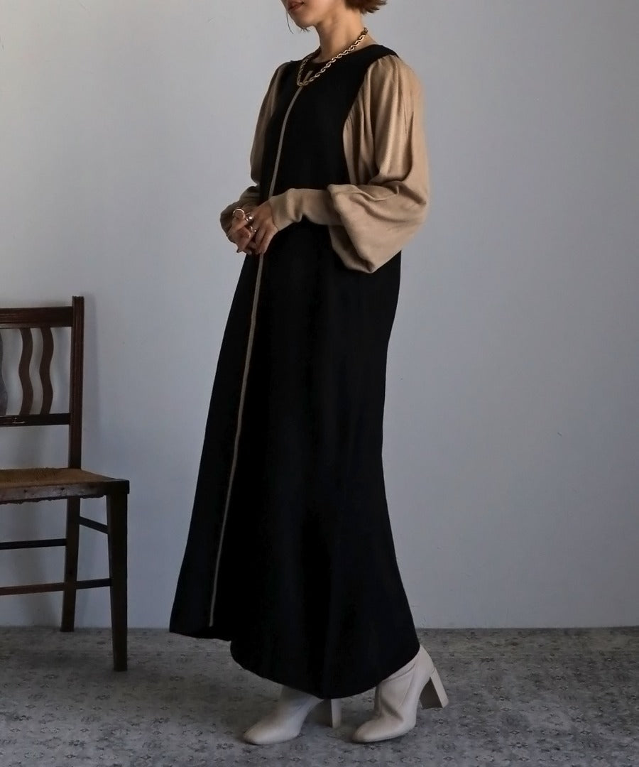piping bicolor baloon sleeve onepiece