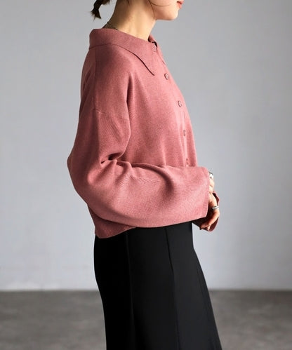 knit polo shirt cardigan / pink brown
