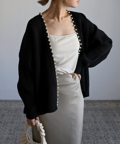 pearl rib knit cardigan / black